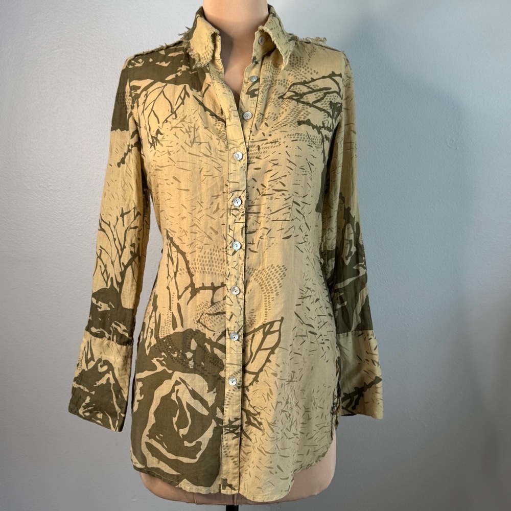 Floral Button-Up Shirt Cotton Silk Distressed Frayed Edge Size Small